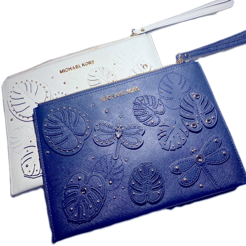 Michael Kors Set if 2 XL Wristlets Dragonfly Palm Clutch White/Blue